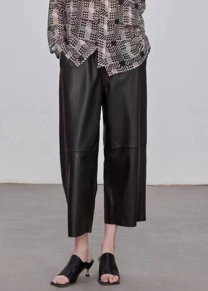 French Black Pockets Elastic Waist Sheepskin Crop Pants Spring