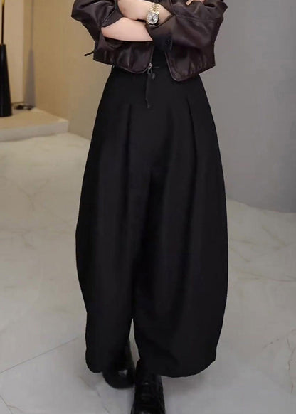 French Black Pockets High Waist Cotton Wide Leg Pants Spring