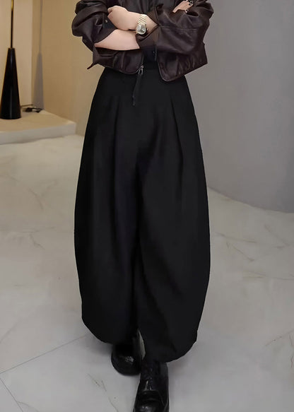 French Black Pockets High Waist Cotton Wide Leg Pants Spring