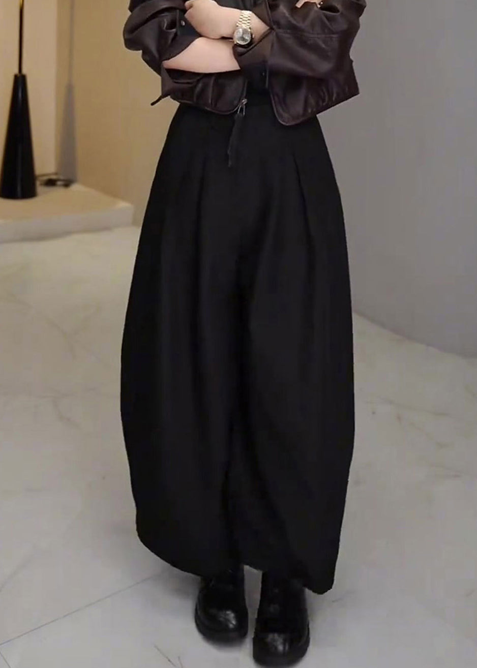 French Black Pockets High Waist Cotton Wide Leg Pants Spring