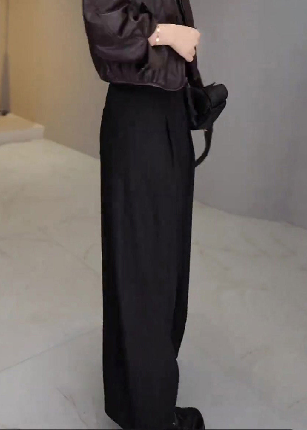 French Black Pockets High Waist Cotton Wide Leg Pants Spring