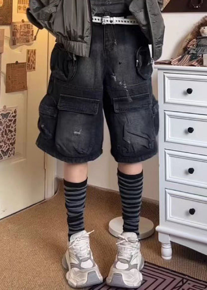 French Black Pockets Patchwork Shorts Summer