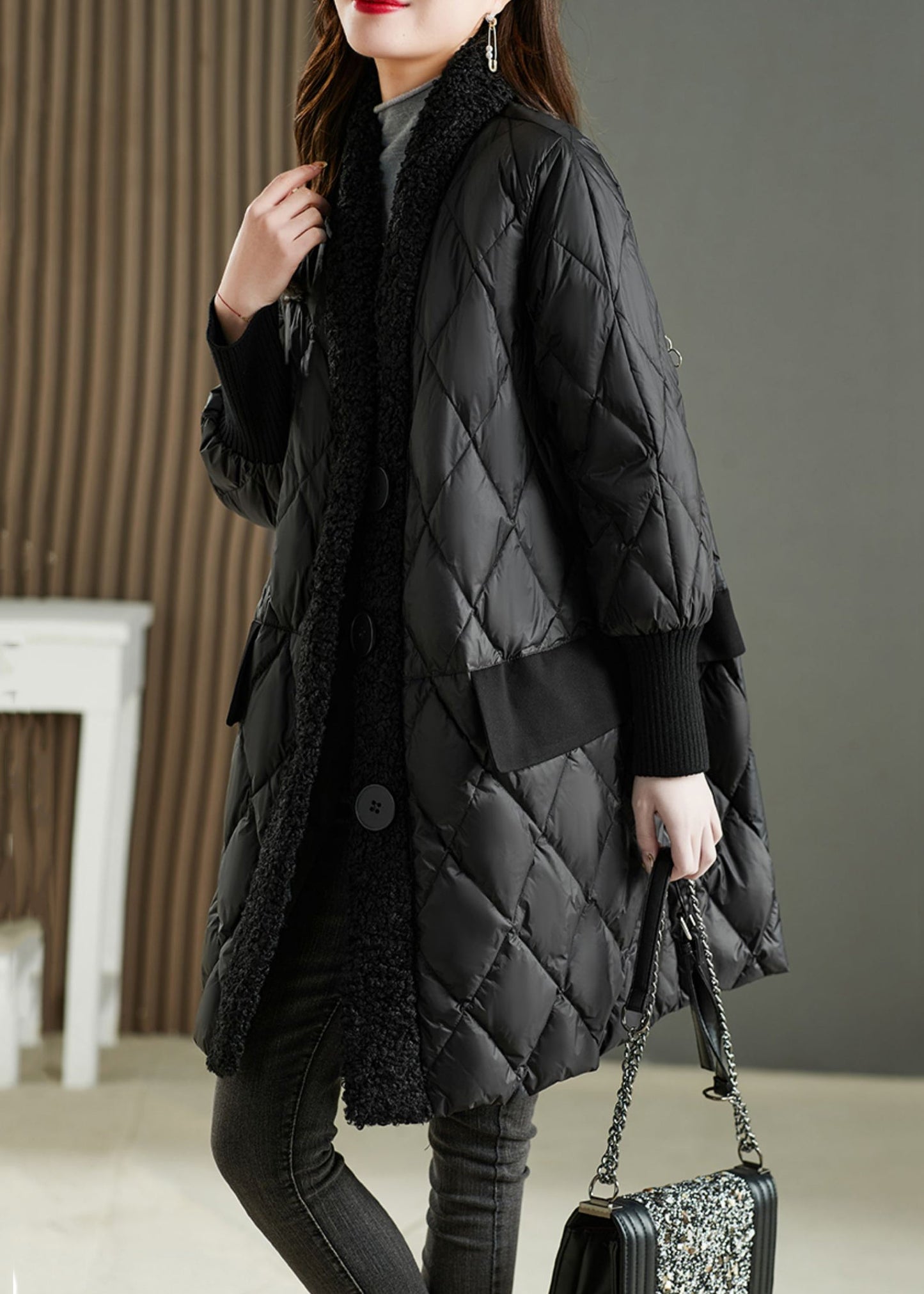 French Black Pocketsteddy Faux Fur Patchwork Blended Parka Winter
