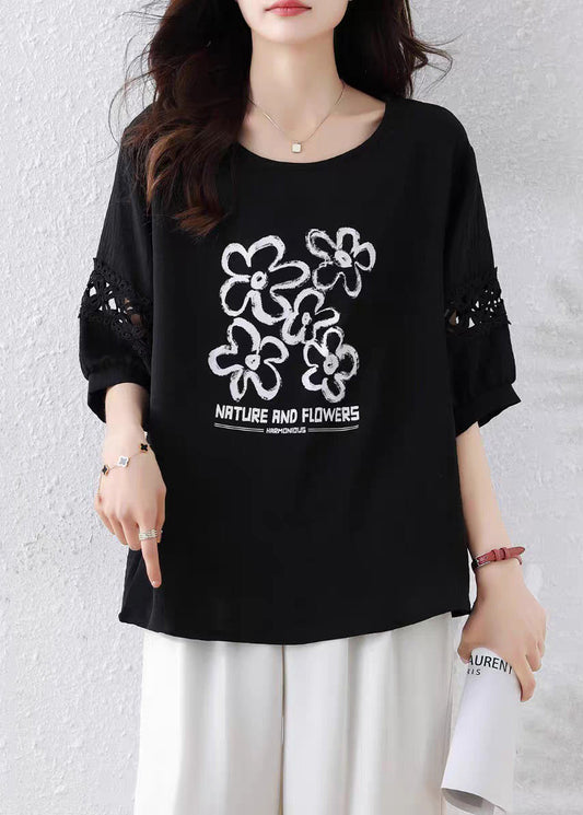 French Black Print Hollow Out Cotton T Shirt Half Sleeve