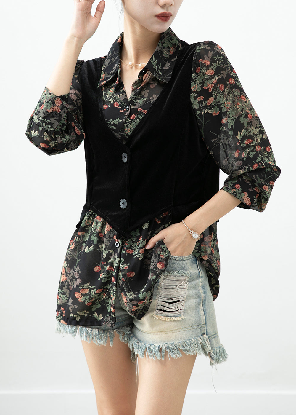 French Black Print Patchwork Silk Velour Fake Two Piece Blouses Fall