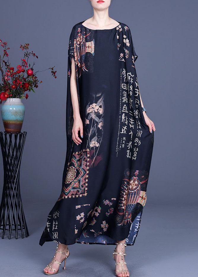 French Black Print Side Open Silk Long Dress Summer