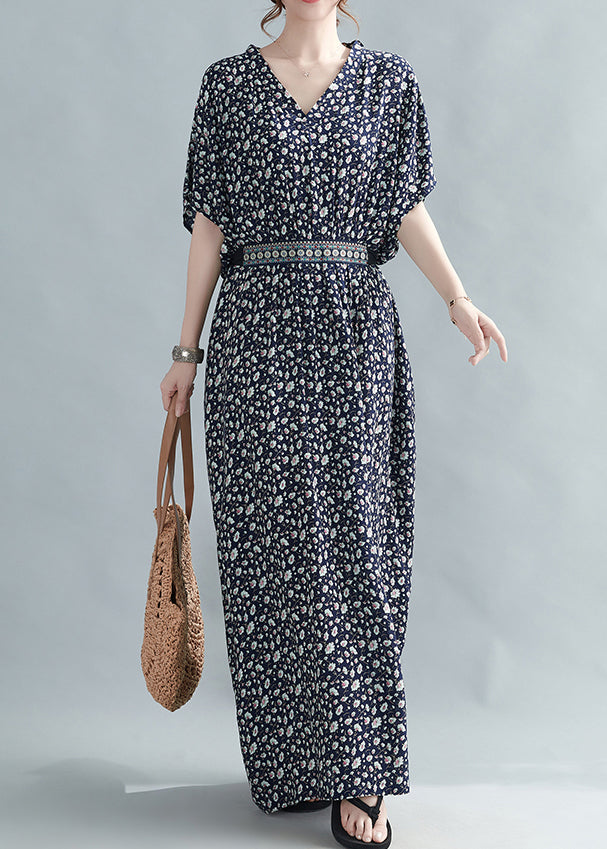 French Black Print Tie Waist Cottonlong Dress Batwing Sleeve