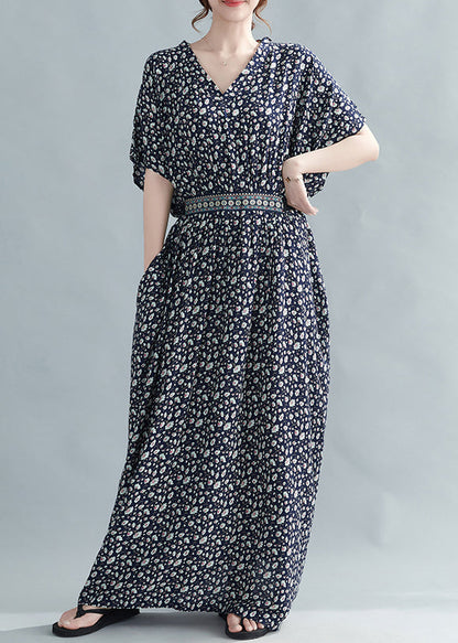 French Black Print Tie Waist Cotton Long Dress Batwing Sleeve