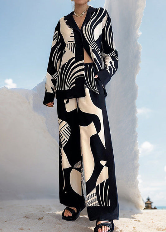 French Black Print Tops and Pants Two Pieces Summer