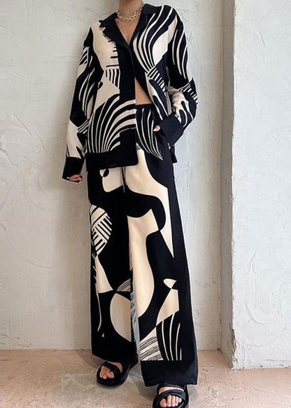French Black Print Tops and Pants Two Pieces Summer
