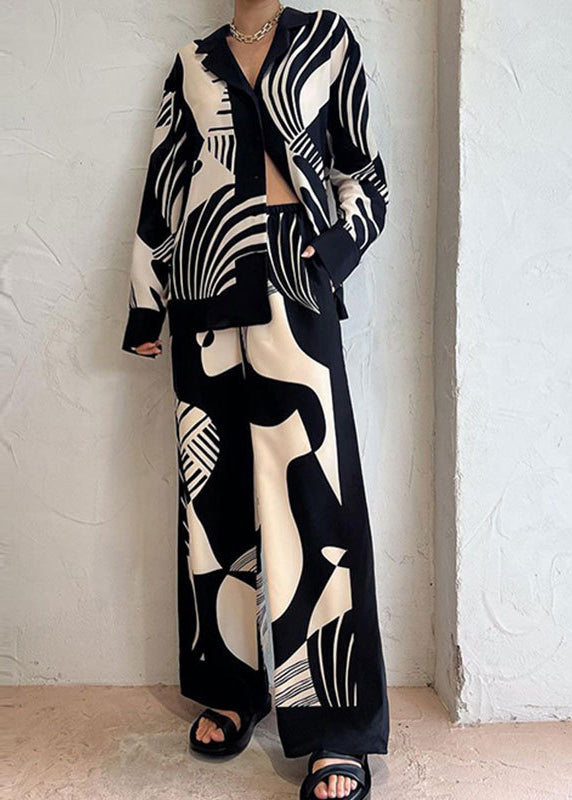 French Black Print Tops and Pants Two Pieces Summer