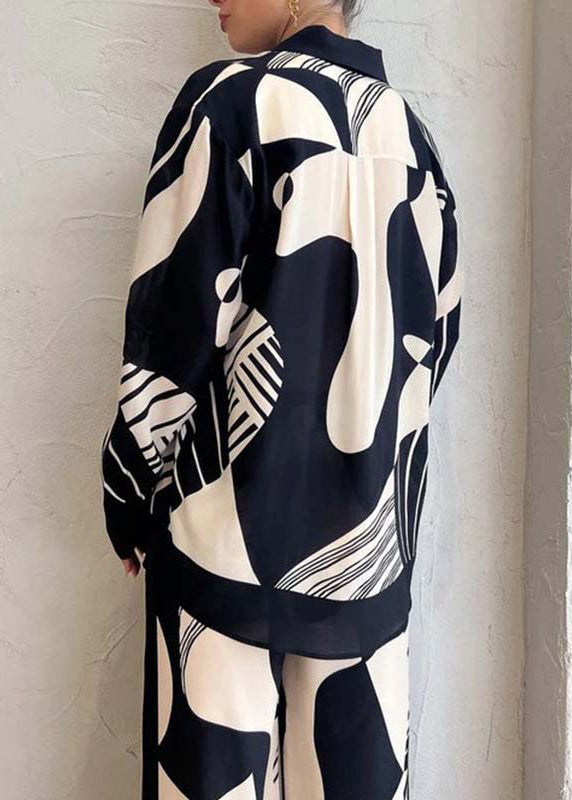 French Black Print Tops and Pants Two Pieces Summer