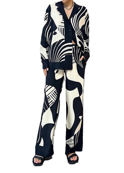 French Black Print Tops and Pants Two Pieces Summer