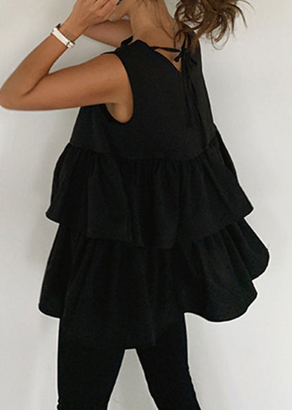 French Black Ruffled Cotton a Line Tank Sleeveless