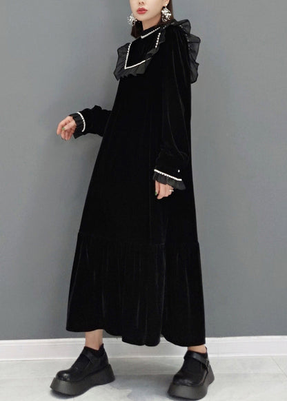 French Black Ruffled Nail Bead Patchwork Velour Dress Fall