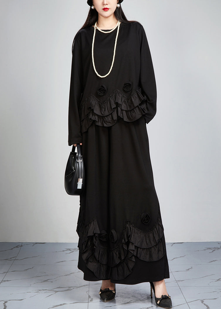 French Black Ruffled Patchwork Tops and Wide Leg Pants Cotton Two Pieces Set Fall