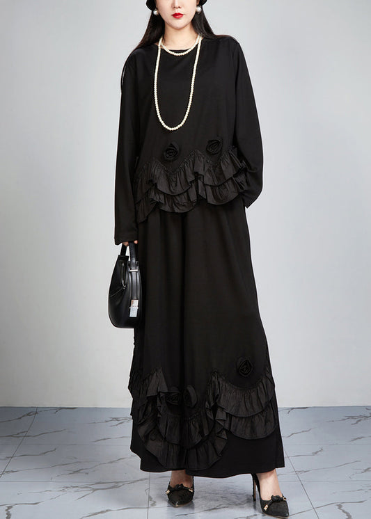 French Black Ruffled Patchwork Tops and Wide Leg Pants Cotton Two Pieces Set Fall