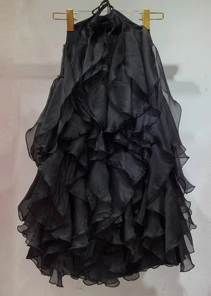 French Black Ruffled Chiffon Mini Dress Sleeveless