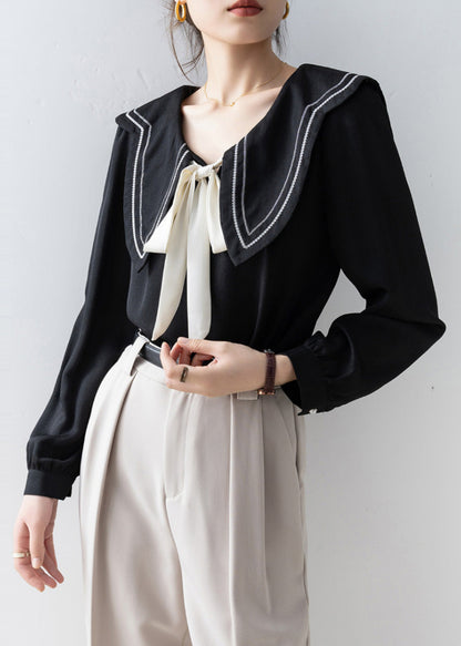French Black Sailor Collar Bow Chiffon Shirt Top Spring