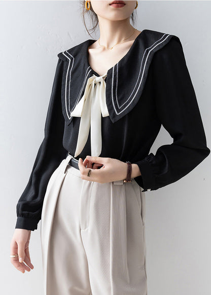 French Black Sailor Collar Bow Chiffon Shirt Top Spring