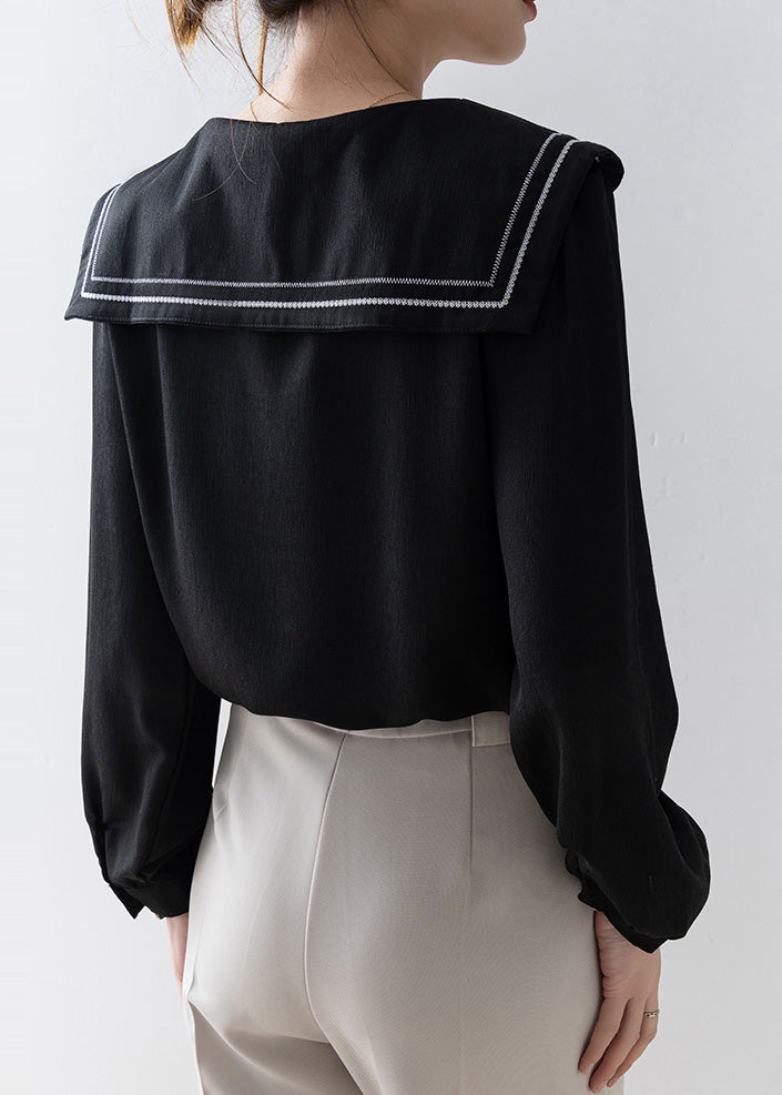 French Black Sailor Collar Bow Chiffon Shirt Top Spring