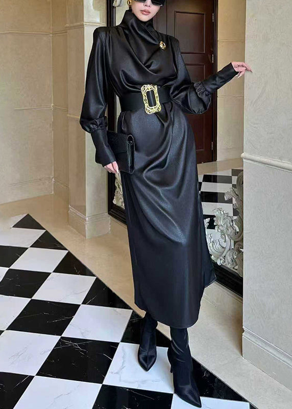 French Black Sashes Side Open Silk Long Dresses Spring