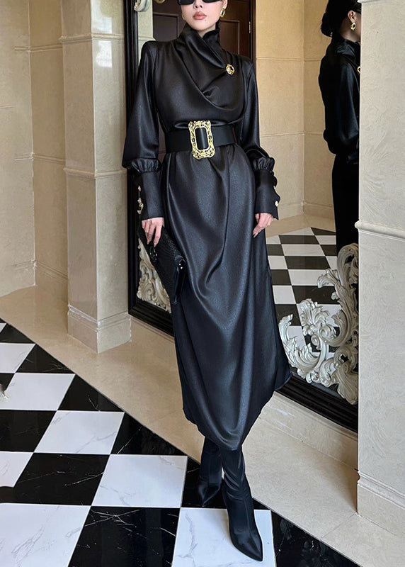 French Black Sashes Side Open Silk Long Dresses Spring