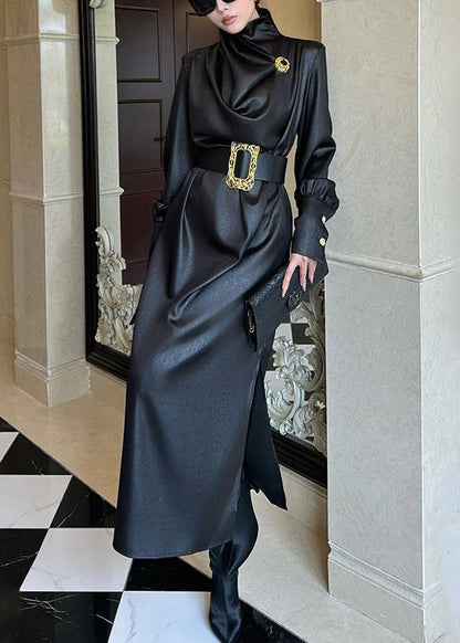 French Black Sashes Side Open Silk Long Dresses Spring
