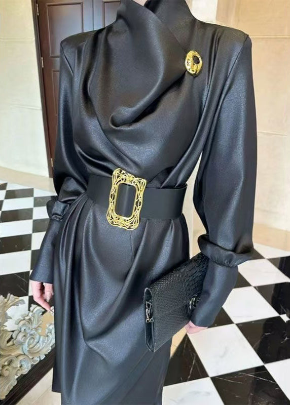 French Black Sashes Side Open Silk Long Dresses Spring