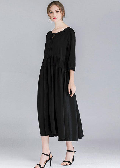 French Black Patchwork Spring Three Quarter Sleeve Long Dresses