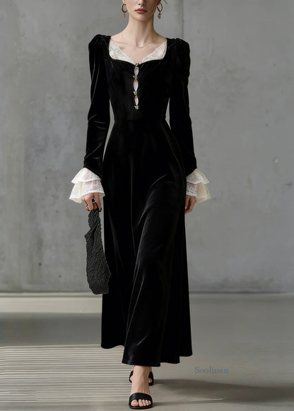 French Black Square Collar Lace Patchwork Silk Velvet Long Dress Flare Sleeve