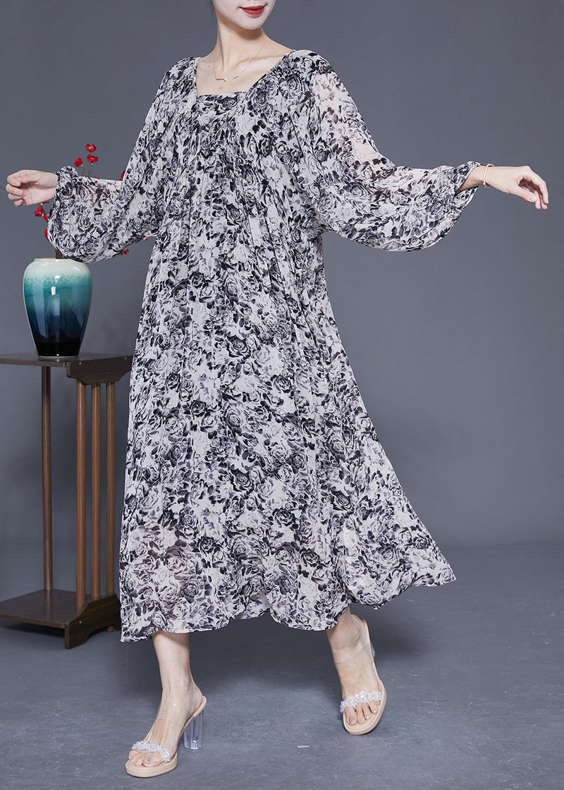 French Black Square Collar Oversized Print Chiffon Long Dress Lantern Sleeve