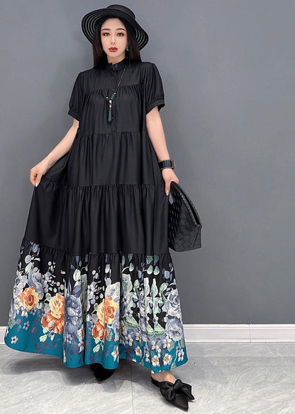French Black Stand Collar Print Wrinkled Patchwork Cotton Long Dress Short Sleeve