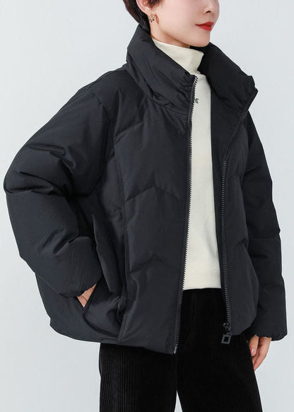 French Black Stand Collar Oversized Duck Down Winter Coats Long Sleeve