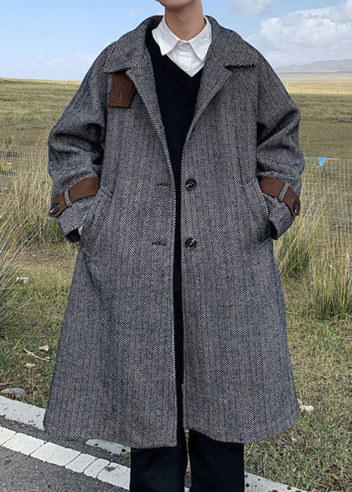 French Black Stand Collar Pockets Thick Woolen Coats Winter