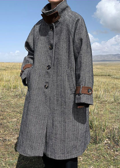French Black Stand Collar Pockets Thick Woolen Coats Winter