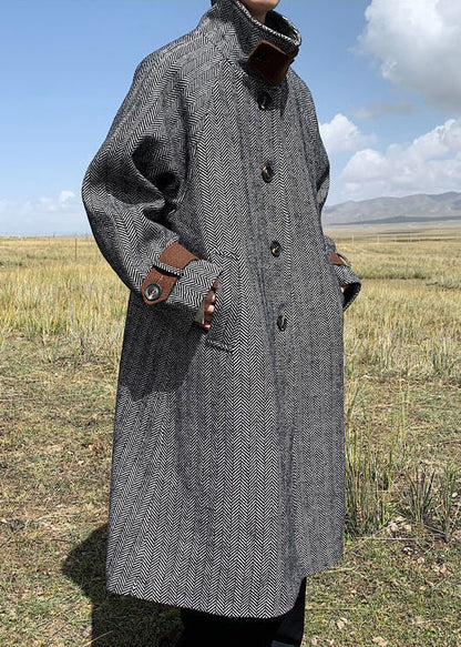 French Black Stand Collar Pockets Thick Woolen Coats Winter