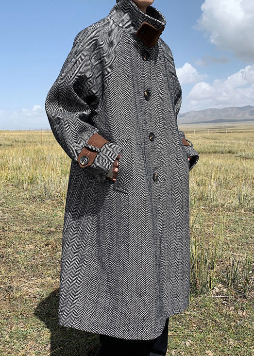 French Black Stand Collar Pockets Thick Woolen Coats Winter