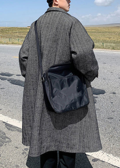 French Black Stand Collar Pockets Thick Woolen Coats Winter