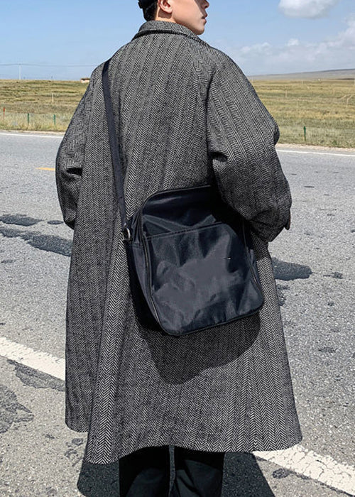French Black Stand Collar Pockets Thick Woolen Coats Winter