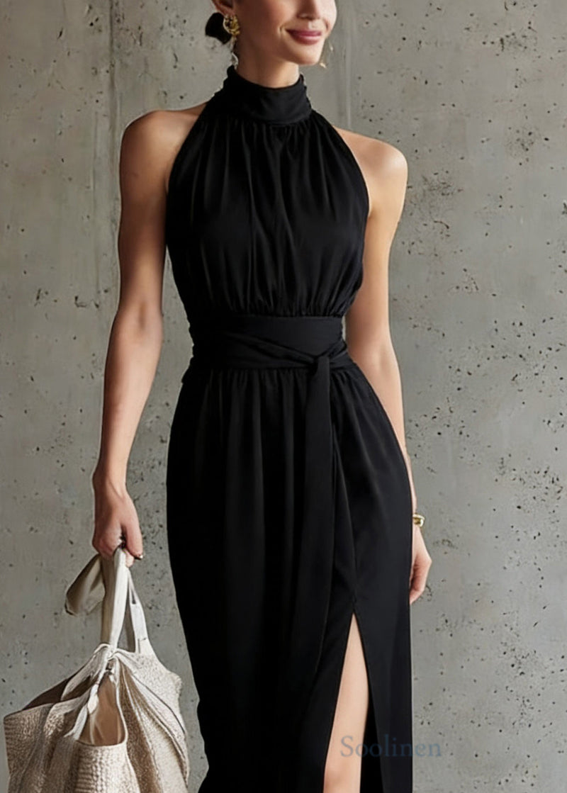 French Black Stand Collar Tunic Maxi Dress Summer