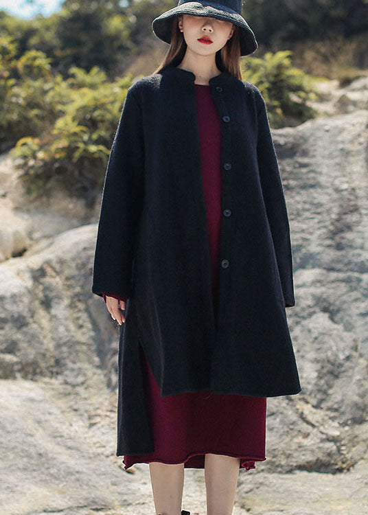 French Black Stand Collar Low High Design Woolen Coats Winter