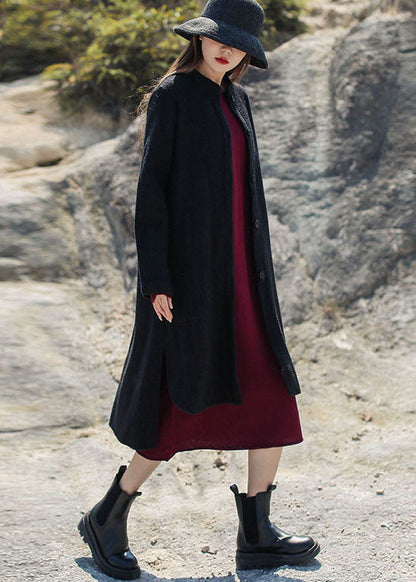 French Black Stand Collar Low High Design Woolen Coats Winter