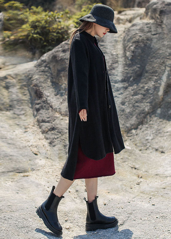 French Black Stand Collar Low High Design Woolen Coats Winter