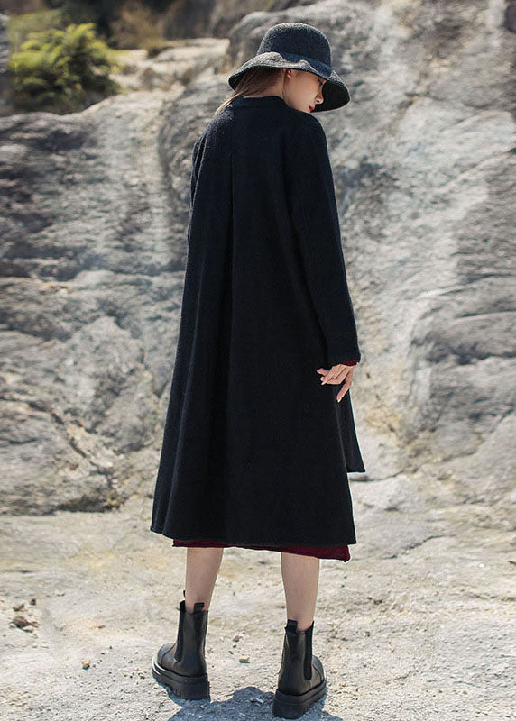 French Black Stand Collar Low High Design Woolen Coats Winter