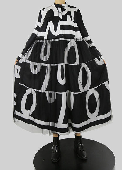French Black Stand Collar Print Tulle Patchwork Vacation Dresses Spring