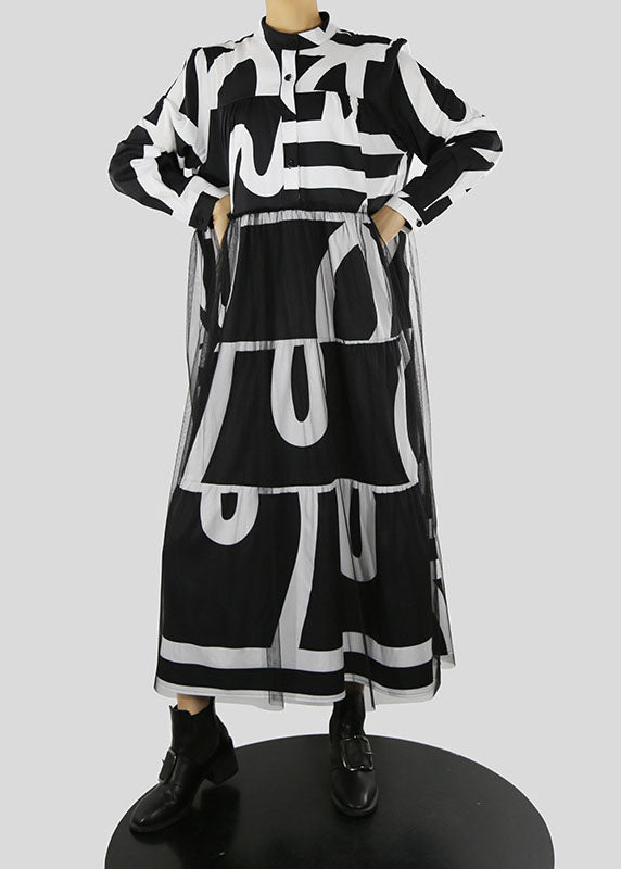 French Black Stand Collar Print Tulle Patchwork Vacation Dresses Spring