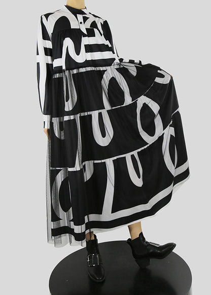 French Black Stand Collar Print Tulle Patchwork Vacation Dresses Spring
