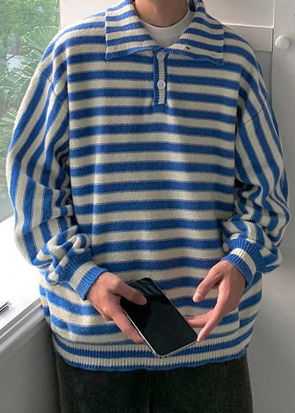 French Black Striped Button Knit Sweaters Winter