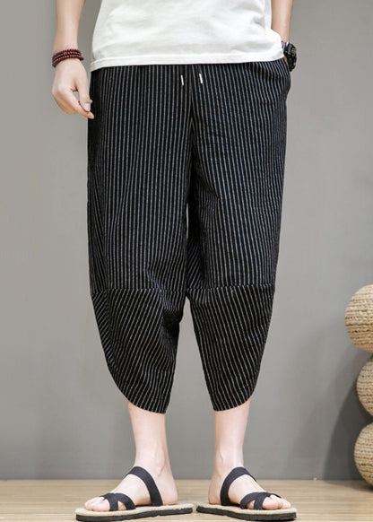 French Black Striped Pockets Cotton Crop Pants Summer